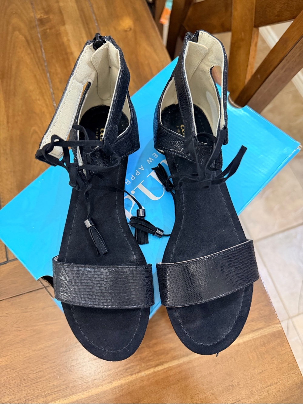 NIB a.n.a A New Approach Ana Dillon Black Lace Up Wedge Sandals Size 7 M